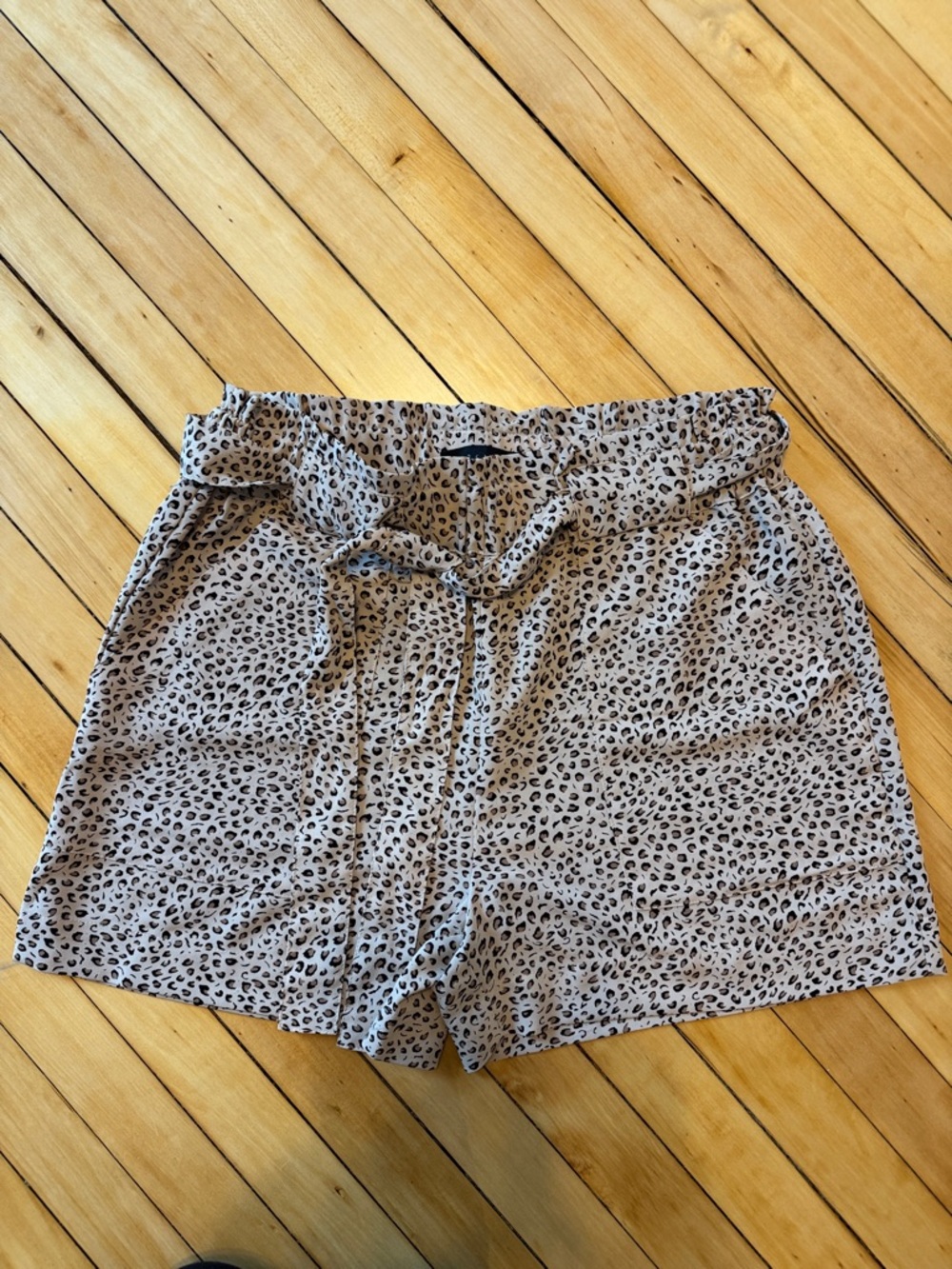 Women’s Leopard Print Elastic Waist Shorts with tie- Beige